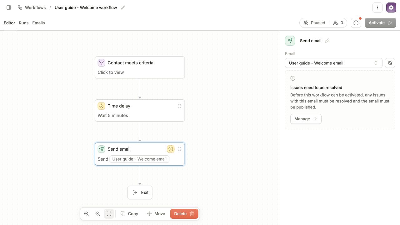 Workflow from contact criteria through a five-minute delay and welcome email to Exit, with the unpublished email issue shown on the right