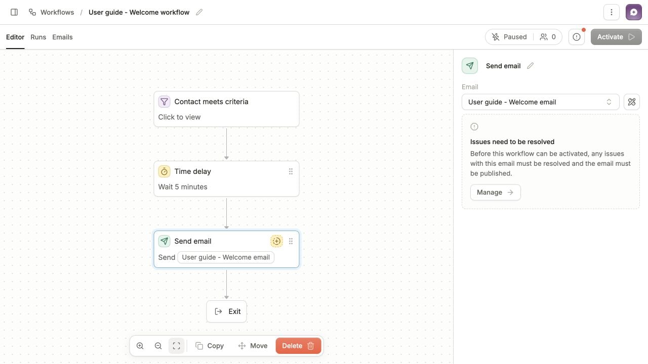 Workflow from contact criteria through a five-minute delay and welcome email to Exit, with the unpublished email issue shown on the right