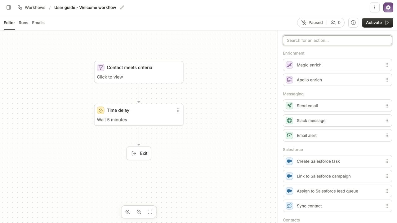 Paused workflow beside the node palette with search and grouped node types