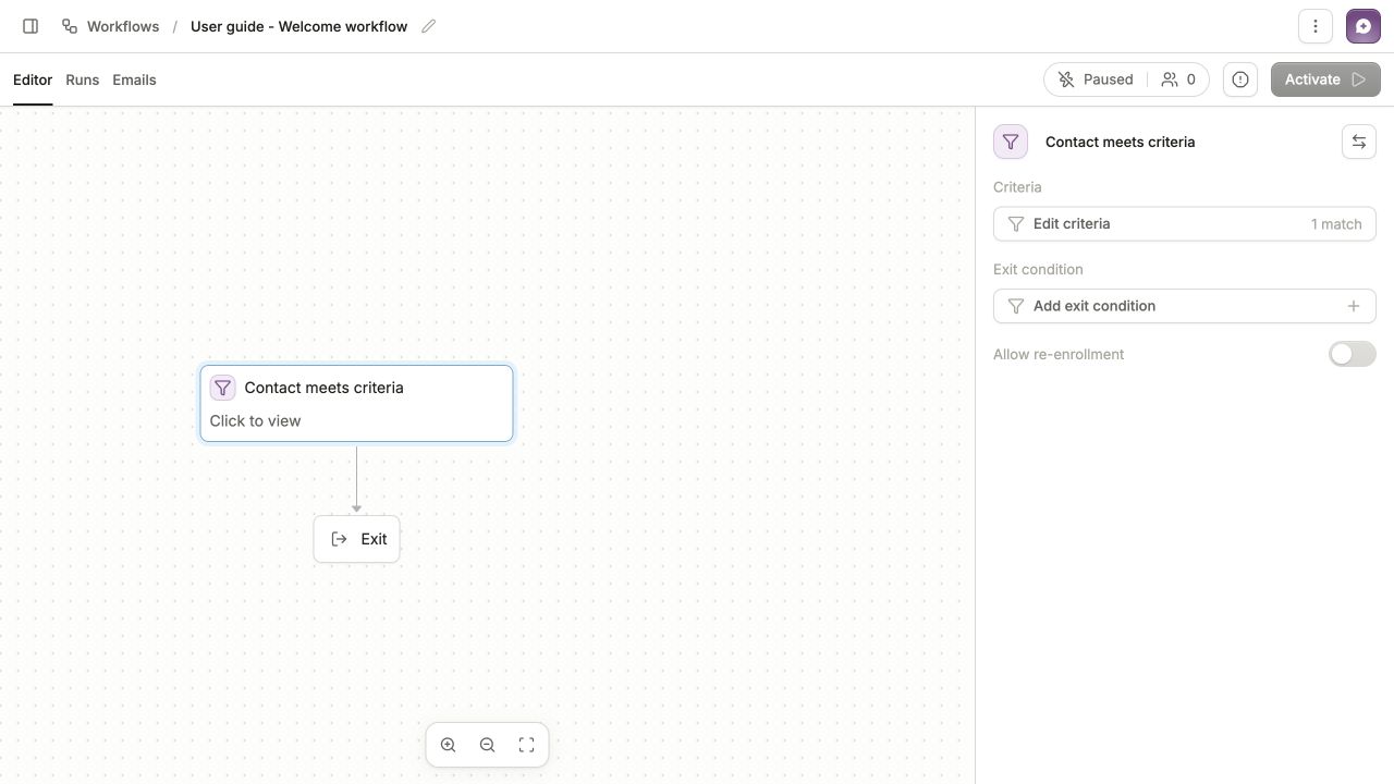 Paused welcome workflow with Contact meets criteria selected, one match, and Allow re-enrollment switched off