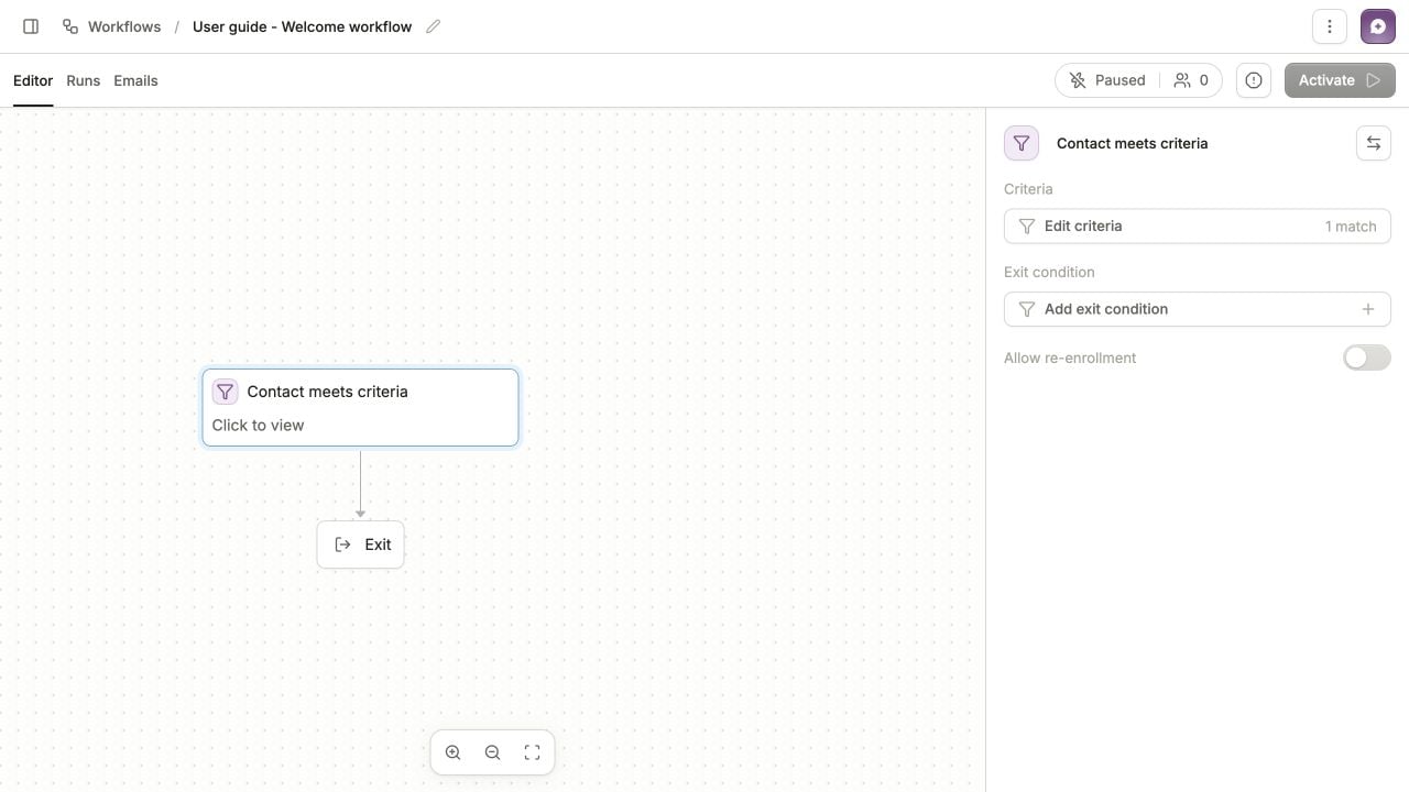 Paused welcome workflow with Contact meets criteria selected, one match, and Allow re-enrollment switched off