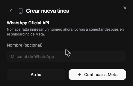 Paso WhatsApp Oficial API con el campo Nombre y el botón Continuar a Meta