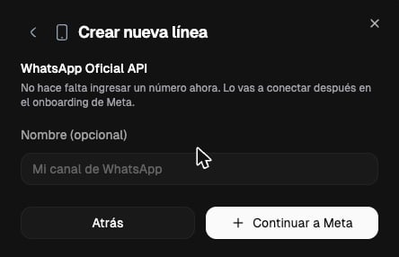 Paso WhatsApp Oficial API con el campo Nombre y el botón Continuar a Meta