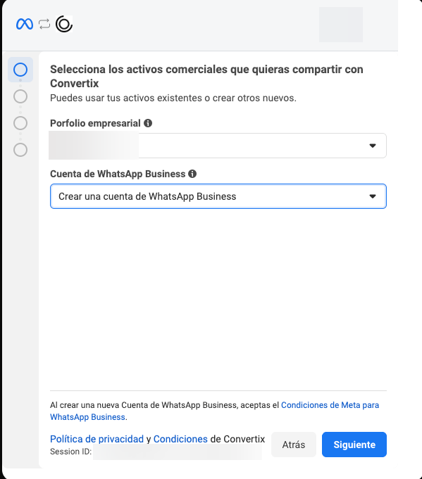 Seleccionar portfolio de negocios y cuenta de WhatsApp Business