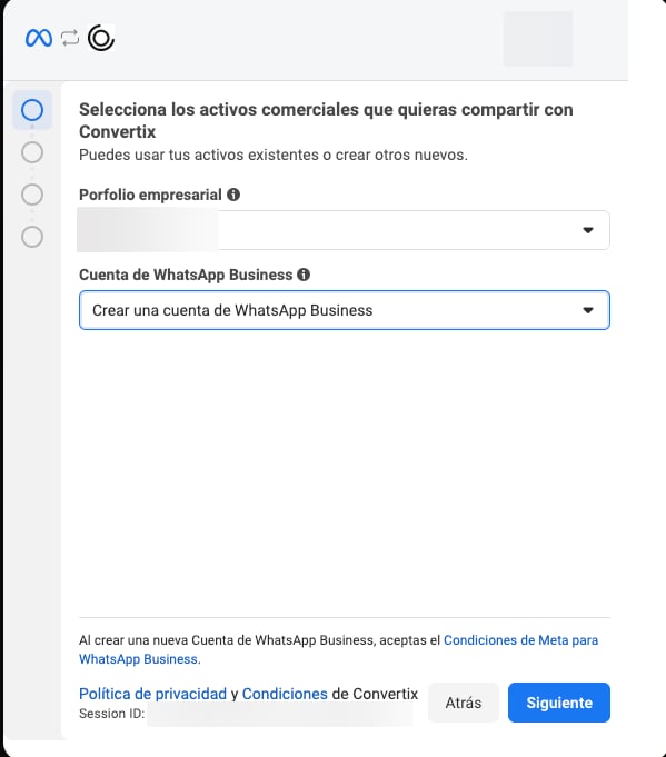 Seleccionar portfolio de negocios y cuenta de WhatsApp Business