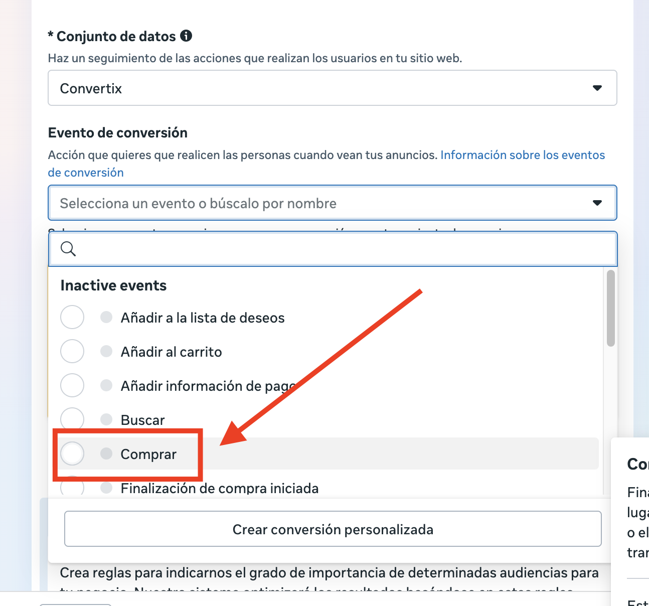 Evento de compra en el conjunto de anuncios