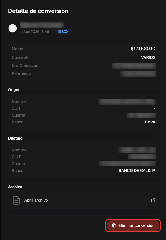 Panel de detalle de la conversión con el botón Eliminar conversión
