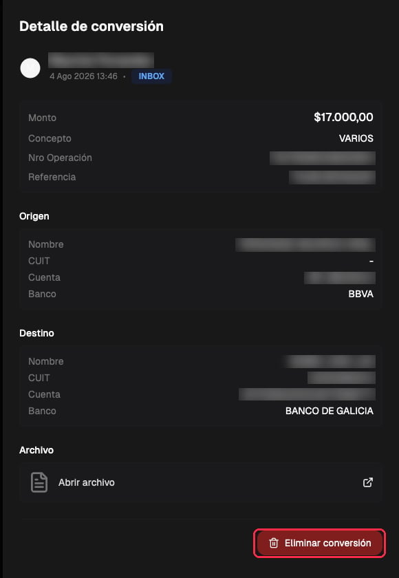 Panel de detalle de la conversión con el botón Eliminar conversión