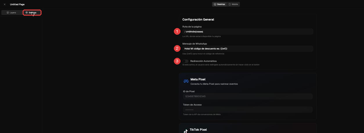 Settings de la página: Configuración General