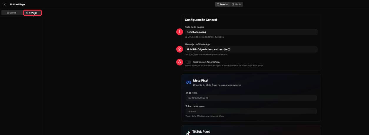 Settings de la página: Configuración General