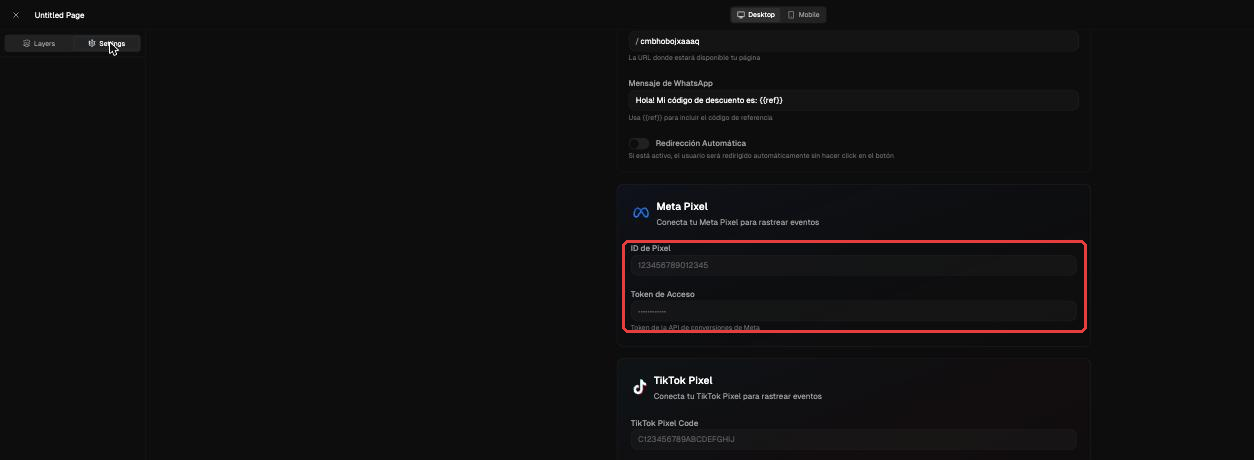 Settings de la página: Meta Pixel y TikTok Pixel