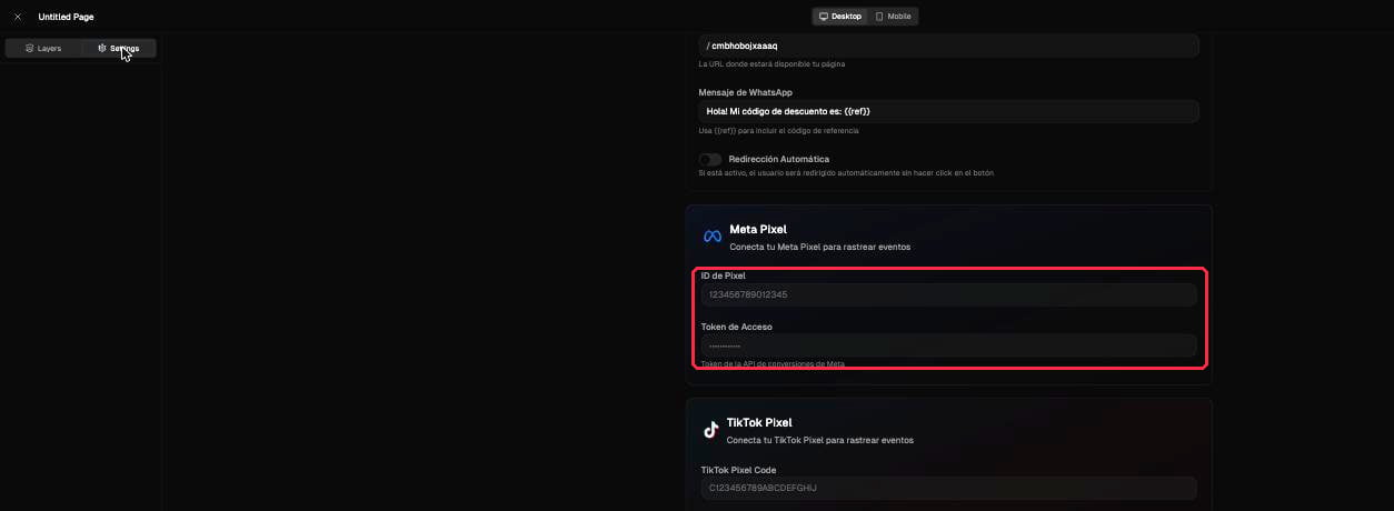 Settings de la página: Meta Pixel y TikTok Pixel