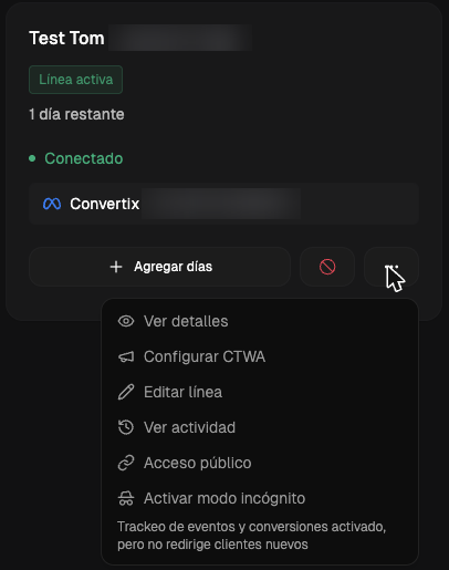 Menú de la línea con la opción Configurar CTWA