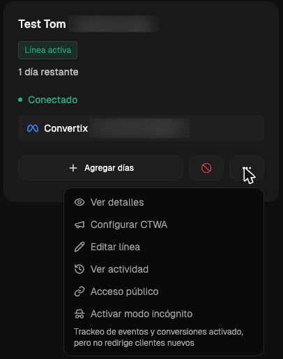Menú de la línea con la opción Configurar CTWA
