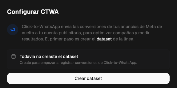 Panel Configurar CTWA con el botón Crear dataset