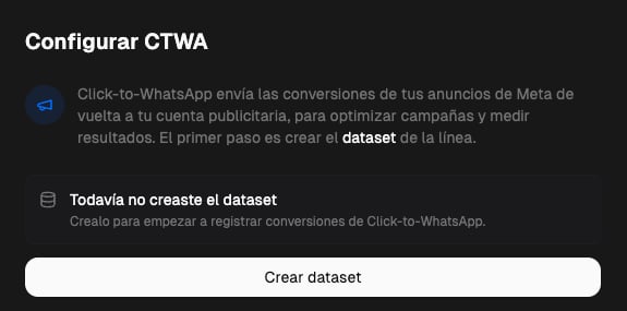 Panel Configurar CTWA con el botón Crear dataset