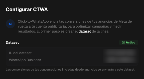 Panel Configurar CTWA con el dataset activo