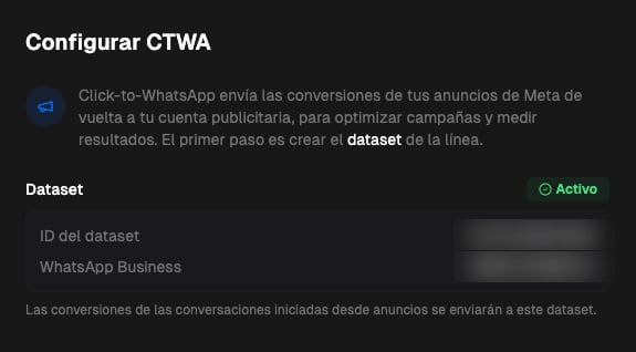 Panel Configurar CTWA con el dataset activo