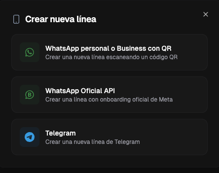 Modal Crear nueva línea con las tres opciones