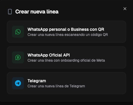Modal Crear nueva línea con las tres opciones