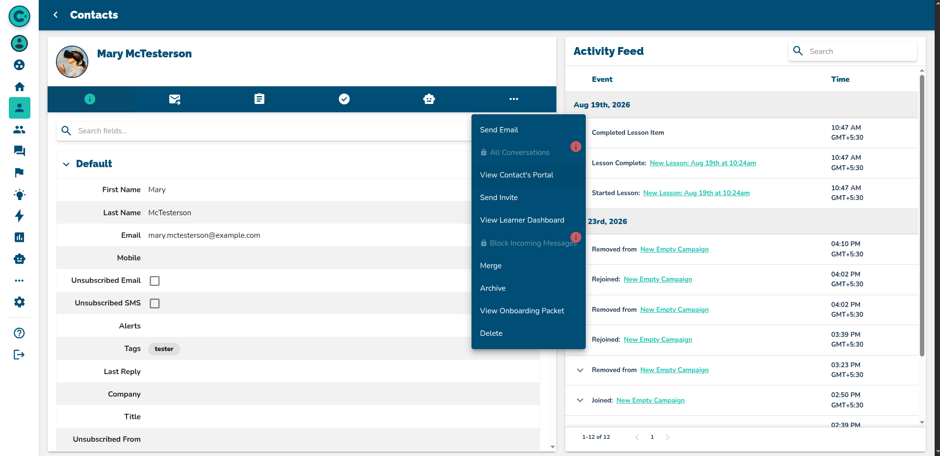Contact profile with the registered link in the actions menu