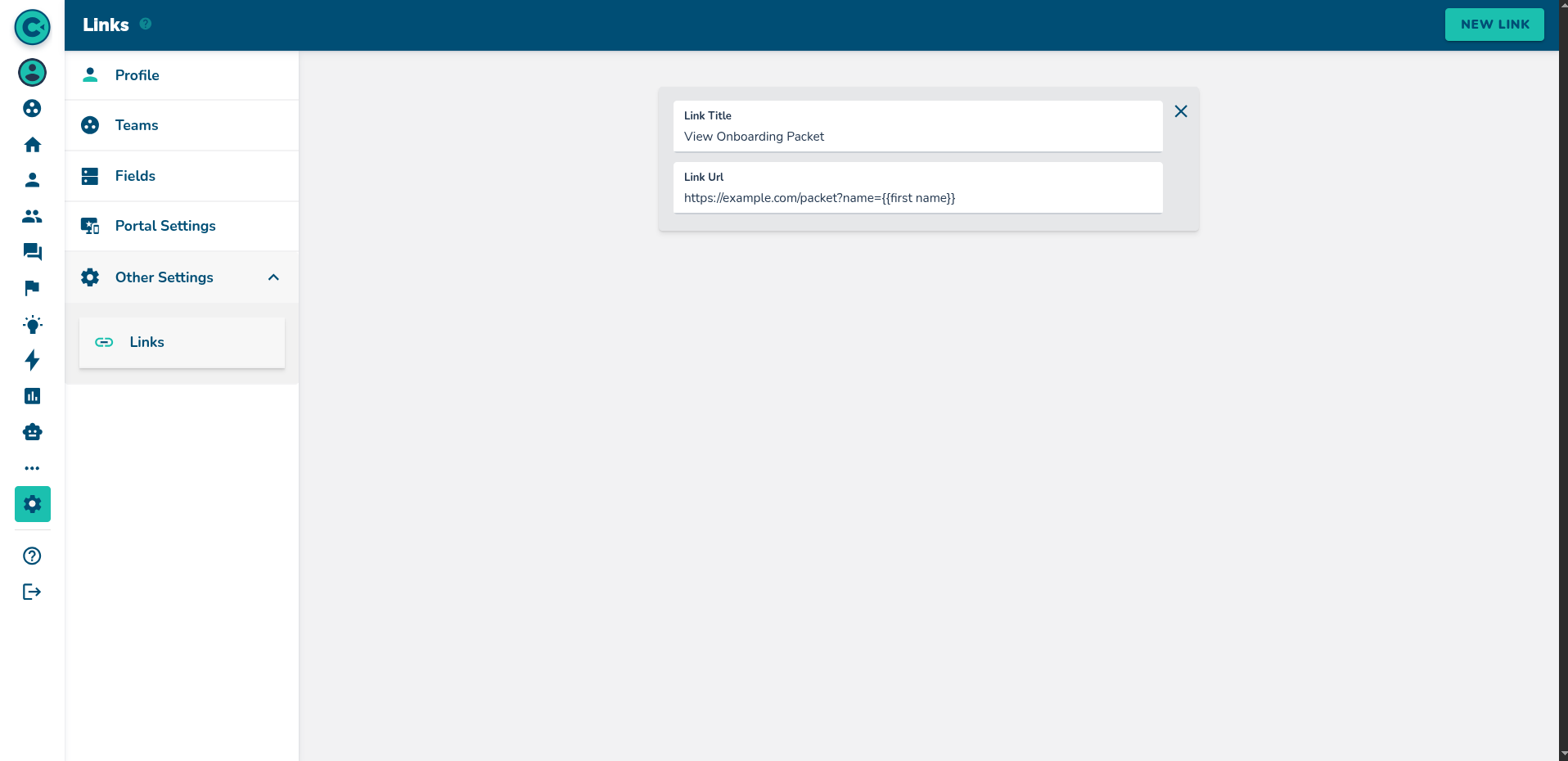 Settings page showing a link whose URL contains a first-name placeholder