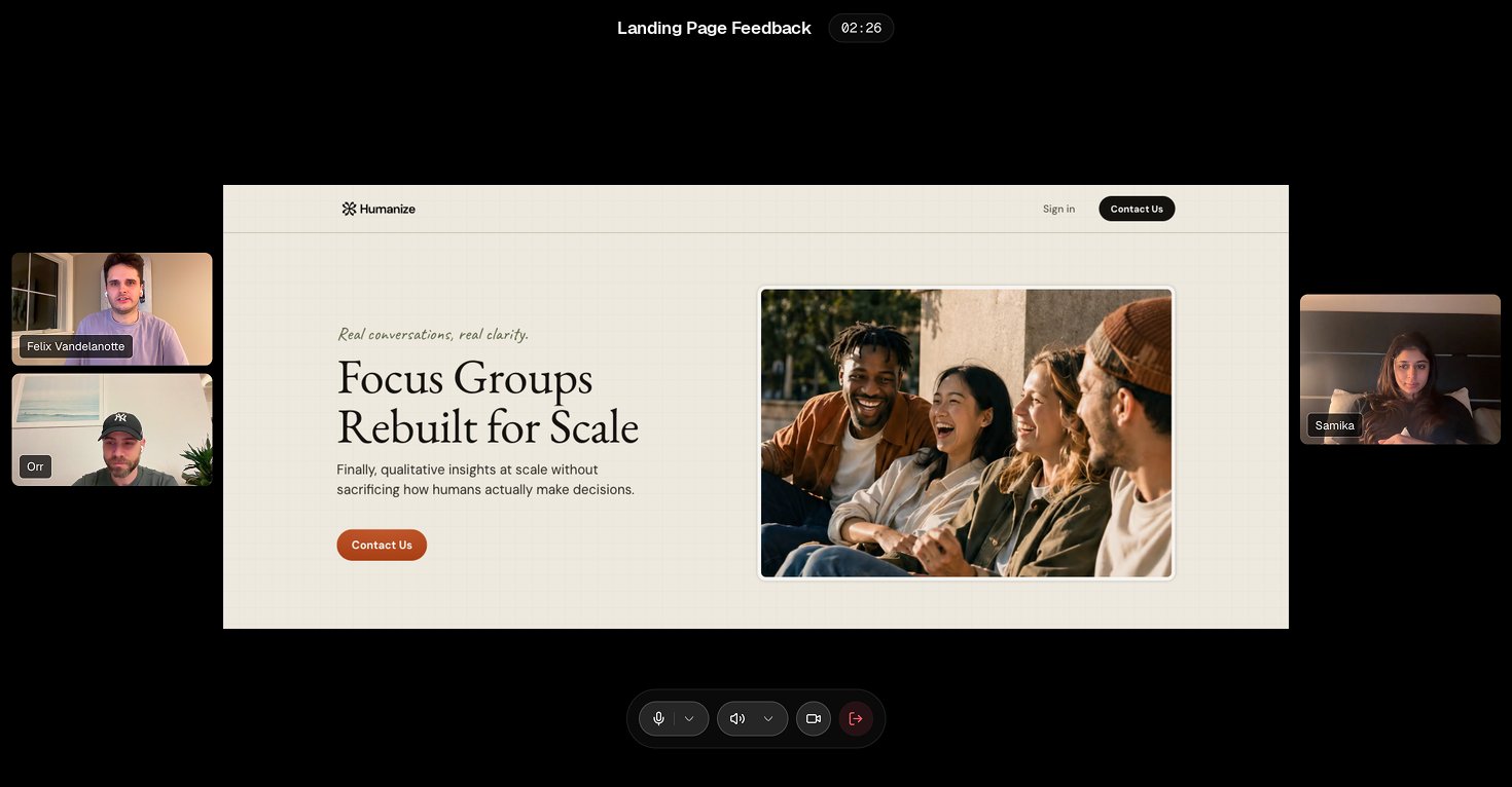 A live session showing one section of a landing page as stimulus, with participant video feeds on either side
