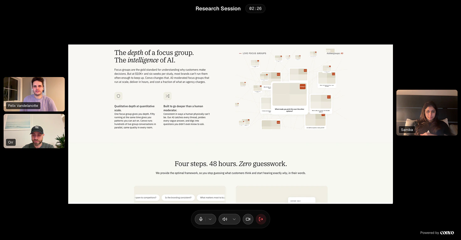 A live session showing two landing page options side by side as stimulus, with participant video feeds on either side