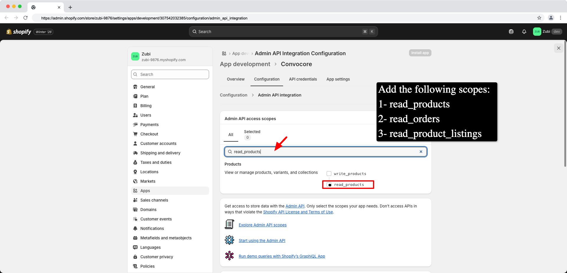 Select the required API scopes