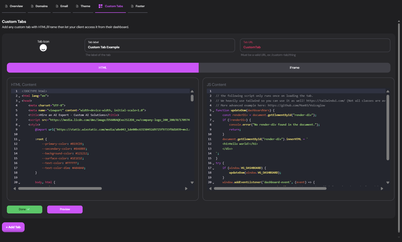 Custom Tabs Code interface