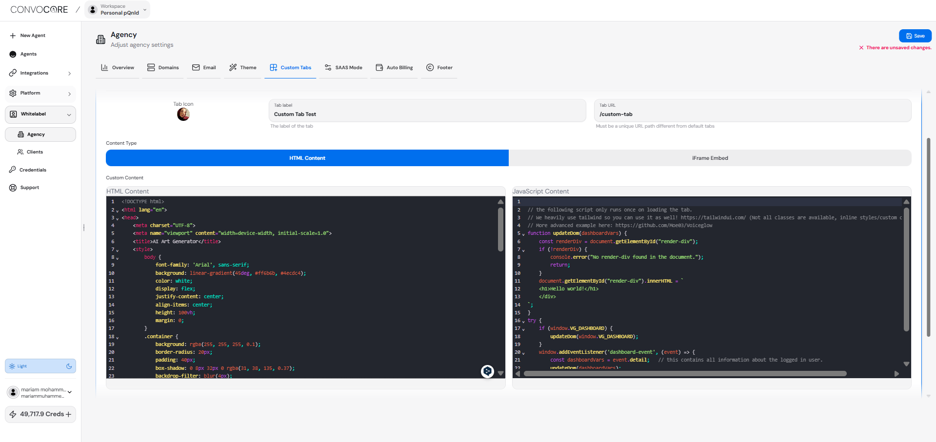 Custom Tabs Code interface
