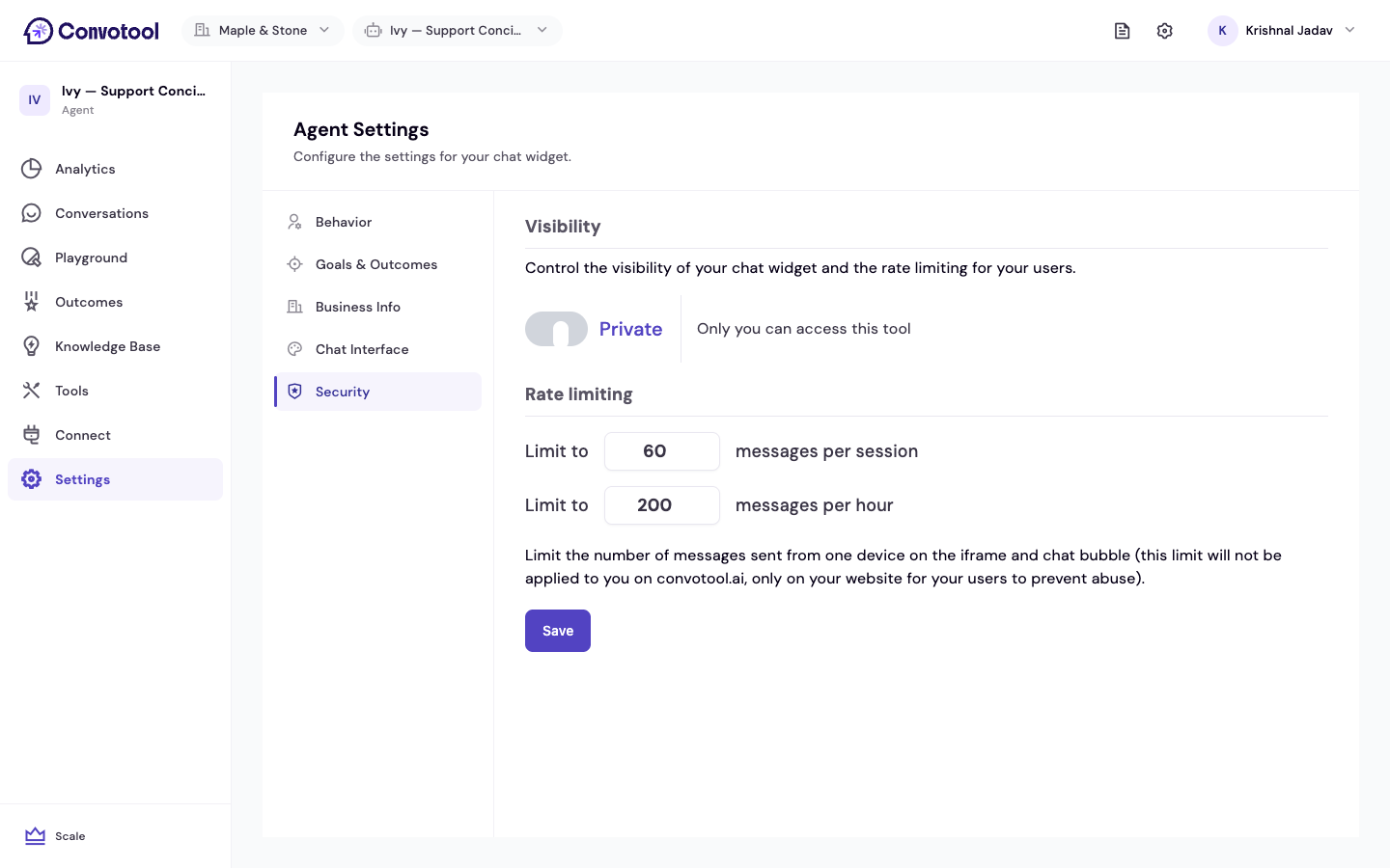 The agent Security tab with visibility and rate-limit settings