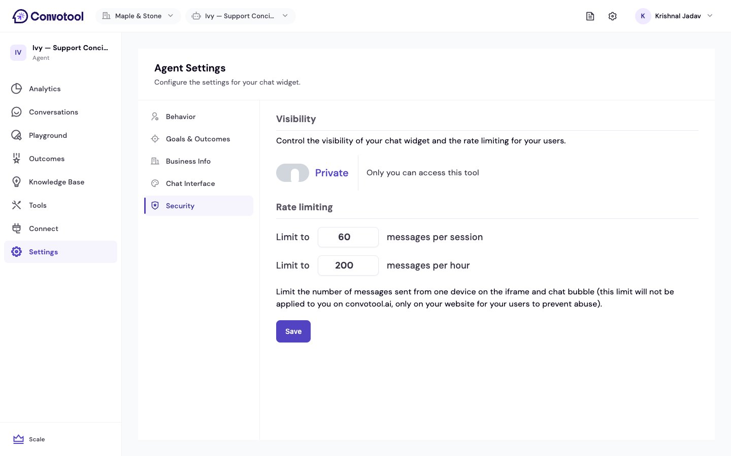 The agent Security tab with visibility and rate-limit settings
