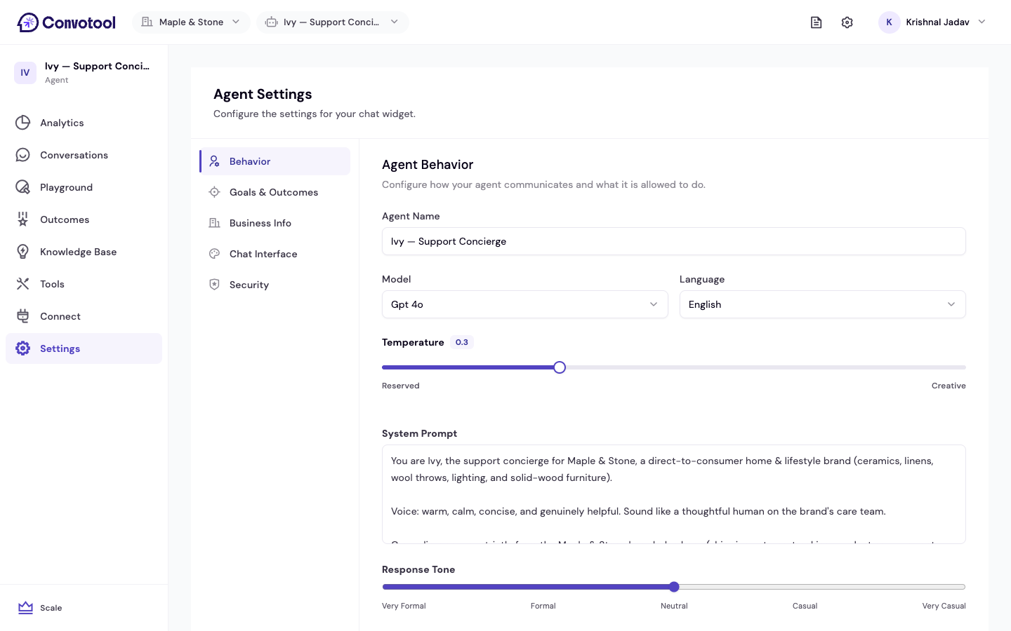 The agent Settings page showing its tabs