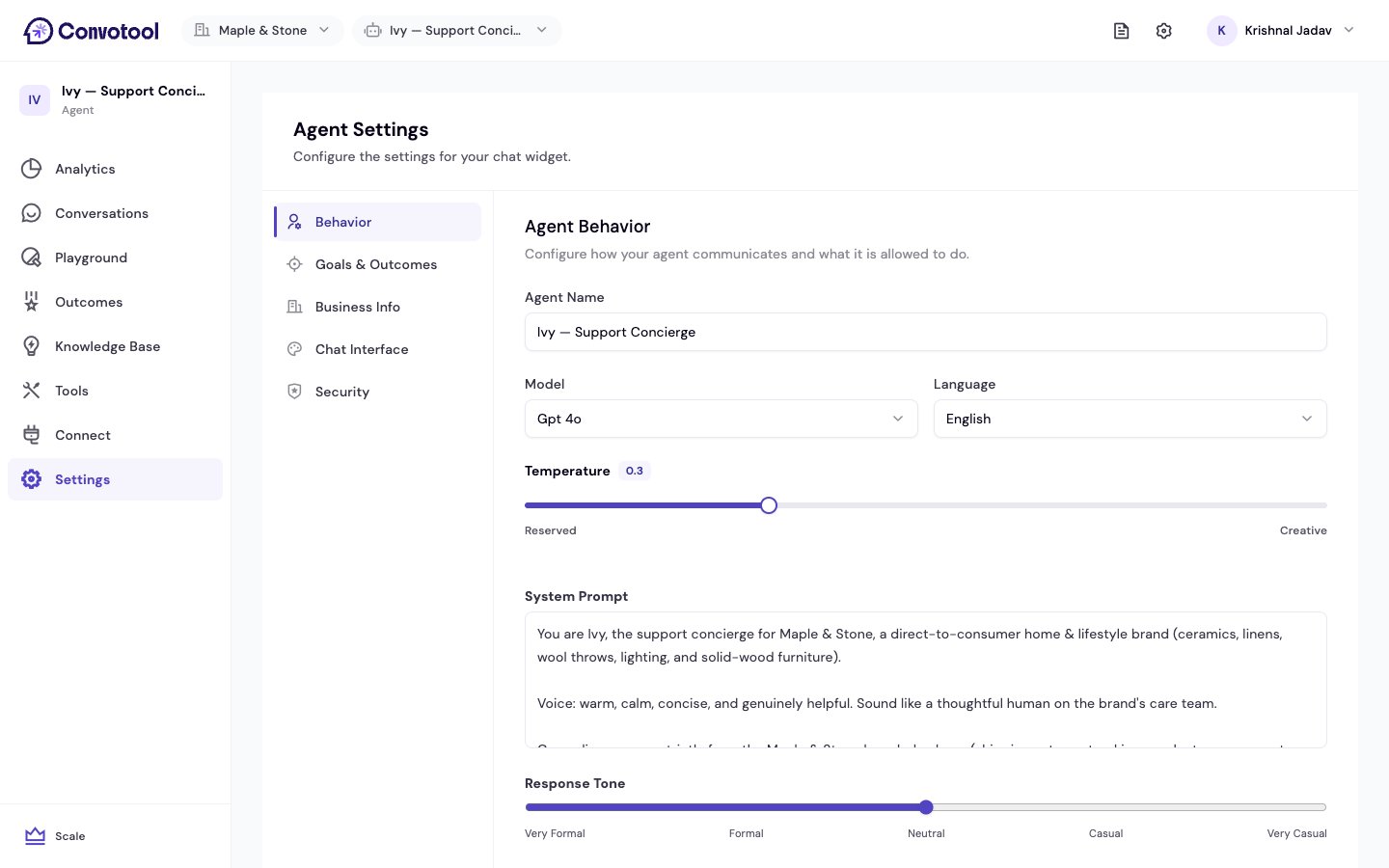 The agent Settings page showing its tabs