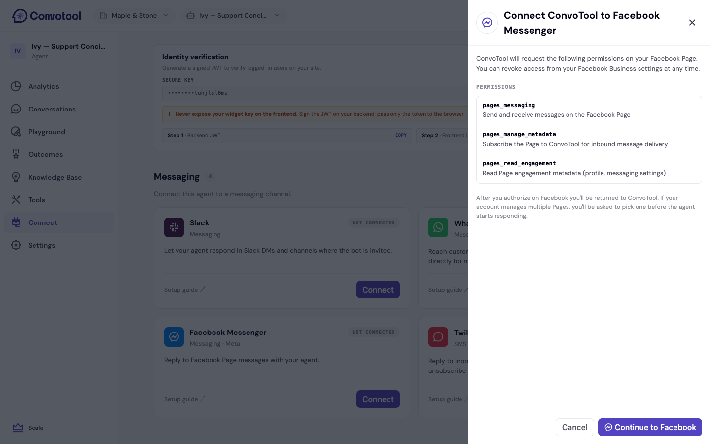 The Facebook Messenger connection screen in ConvoTool
