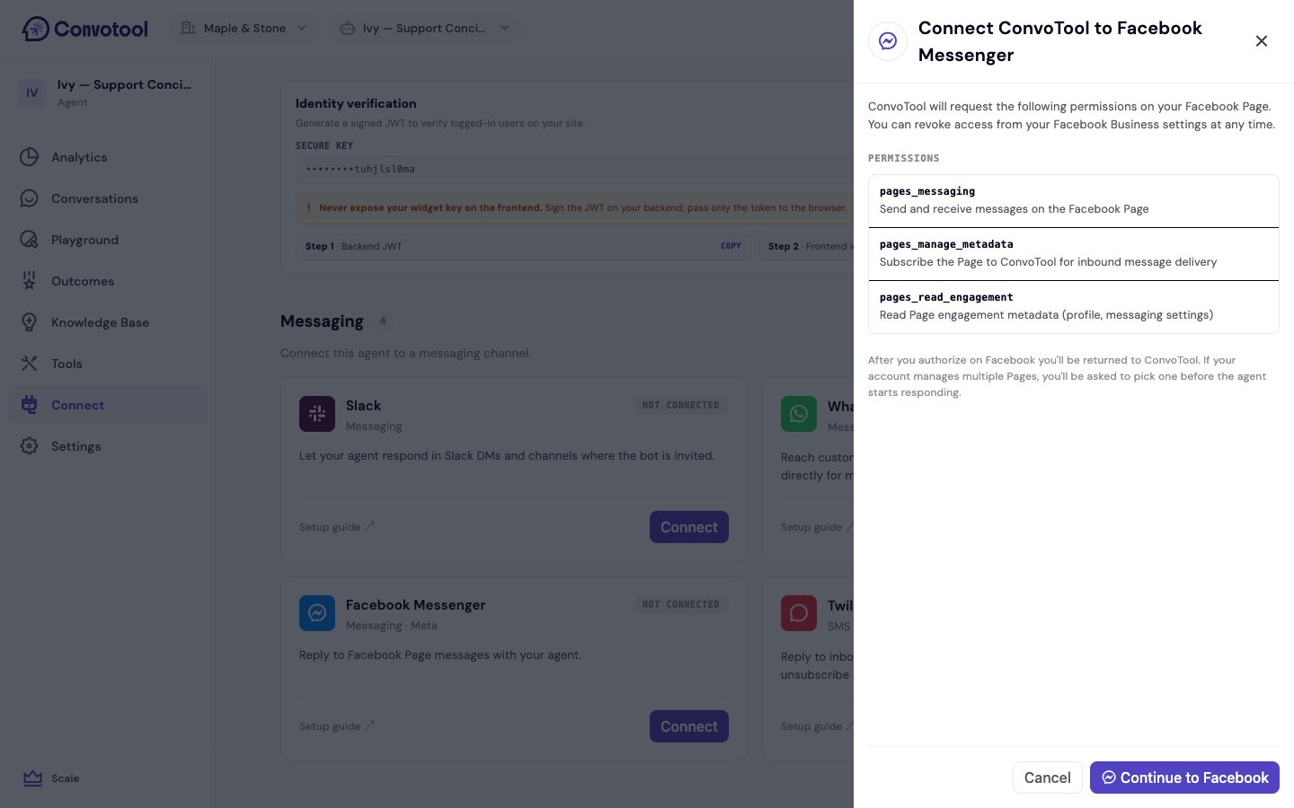 The Facebook Messenger connection screen in ConvoTool