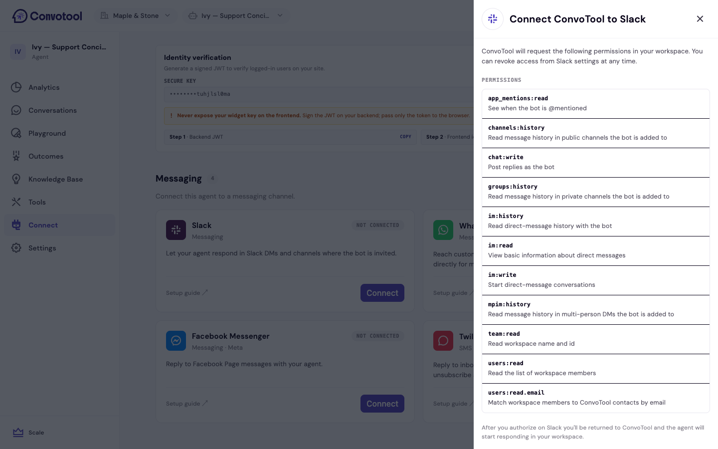 The Slack connection screen in ConvoTool