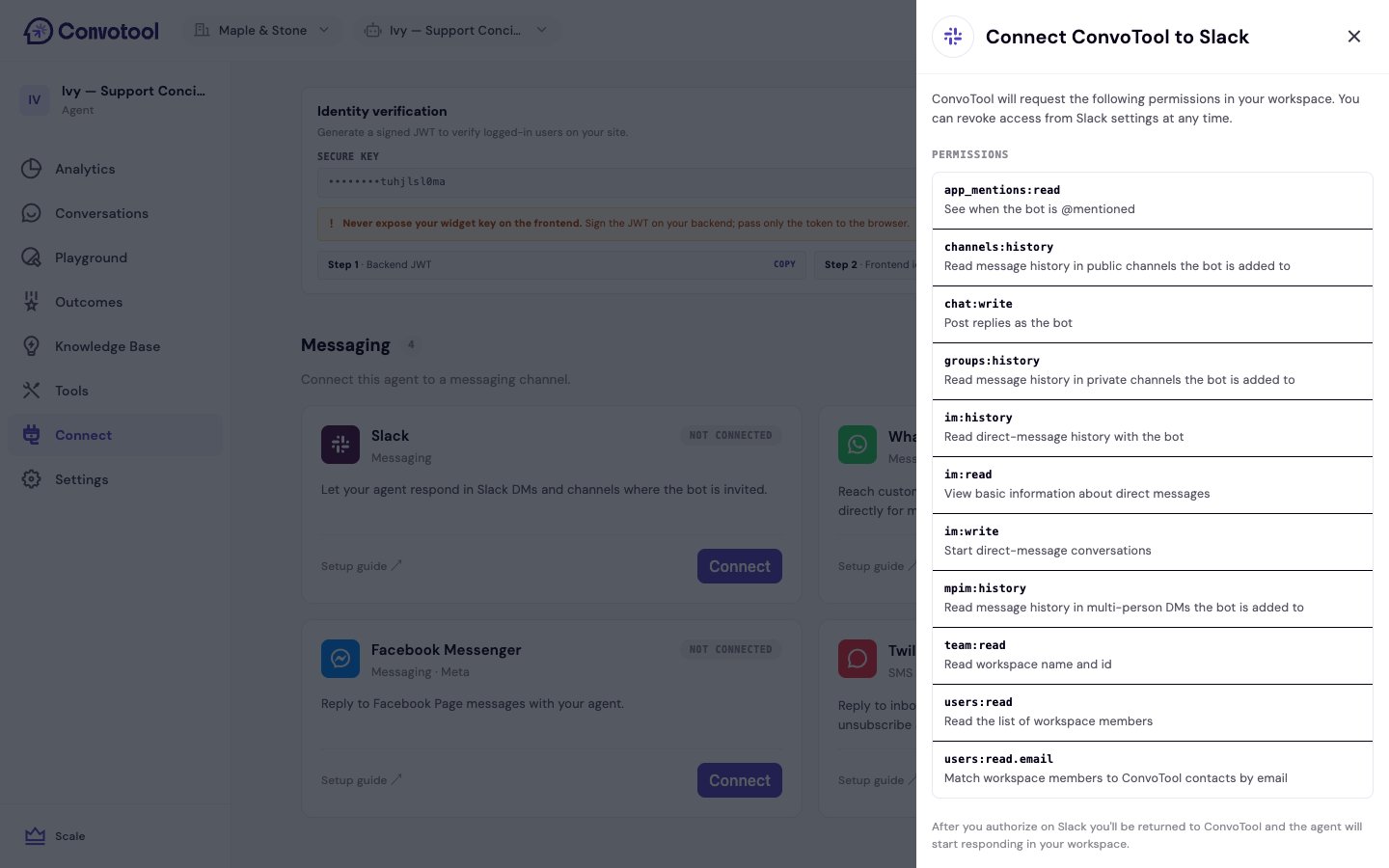 The Slack connection screen in ConvoTool