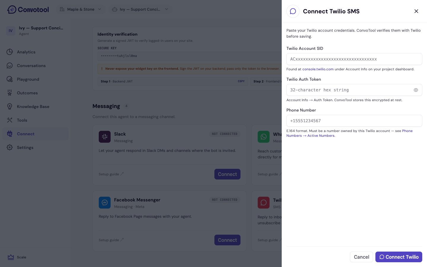The Twilio SMS connection screen in ConvoTool