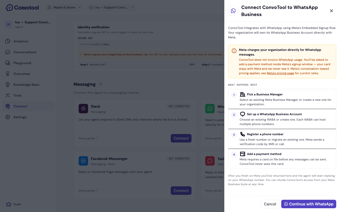 The WhatsApp Business connection screen in ConvoTool