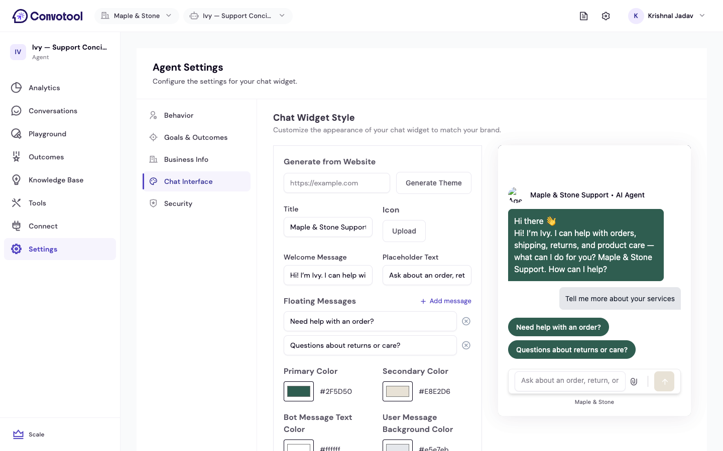 The Chat Interface settings with a live preview of the widget