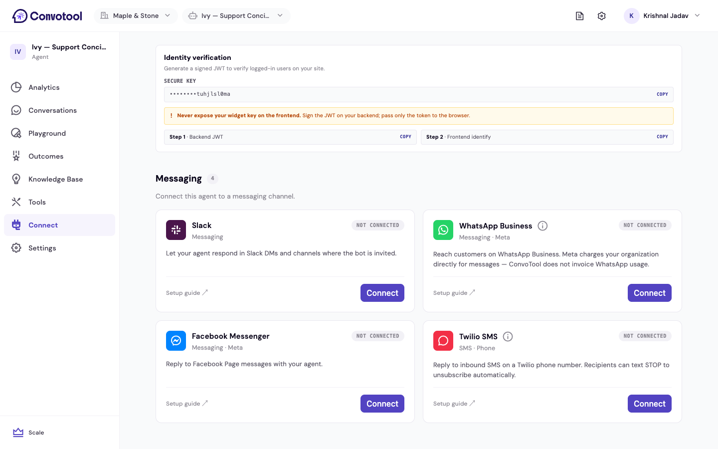 The Connect page messaging section showing channel cards