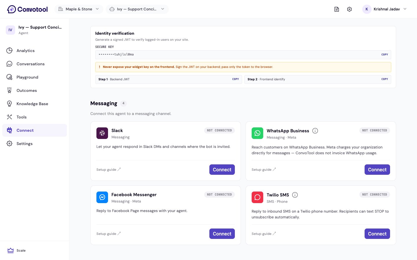 The Connect page messaging section showing channel cards