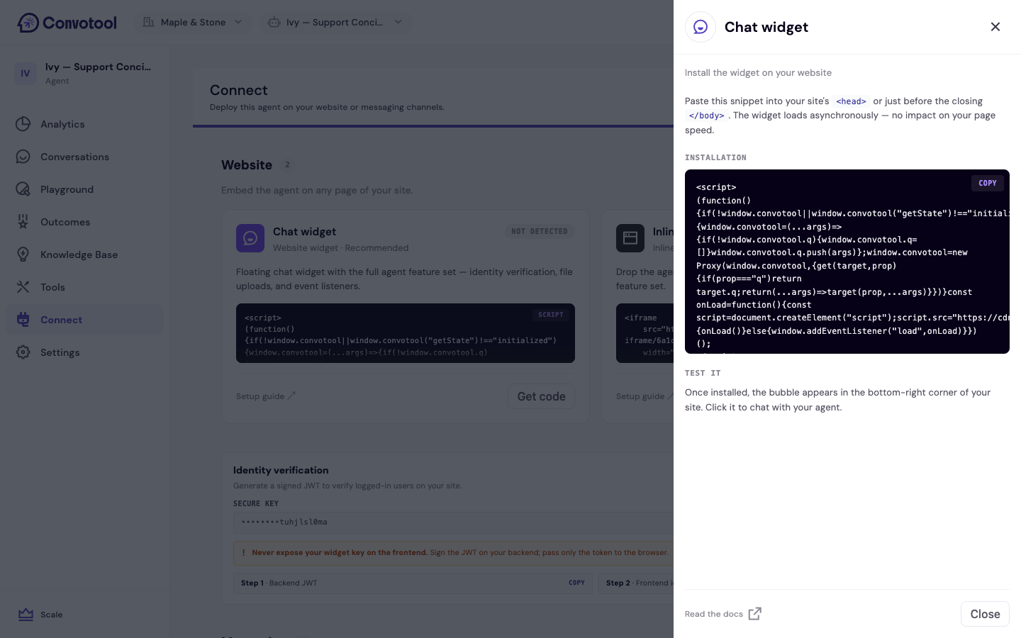 The Connect page website section with chat popup and iframe embed options