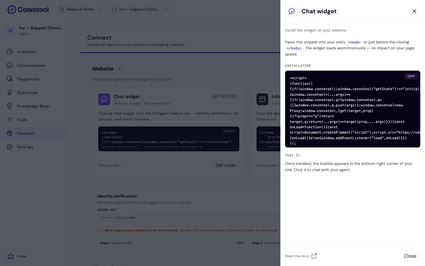 The Connect page website section with chat popup and iframe embed options