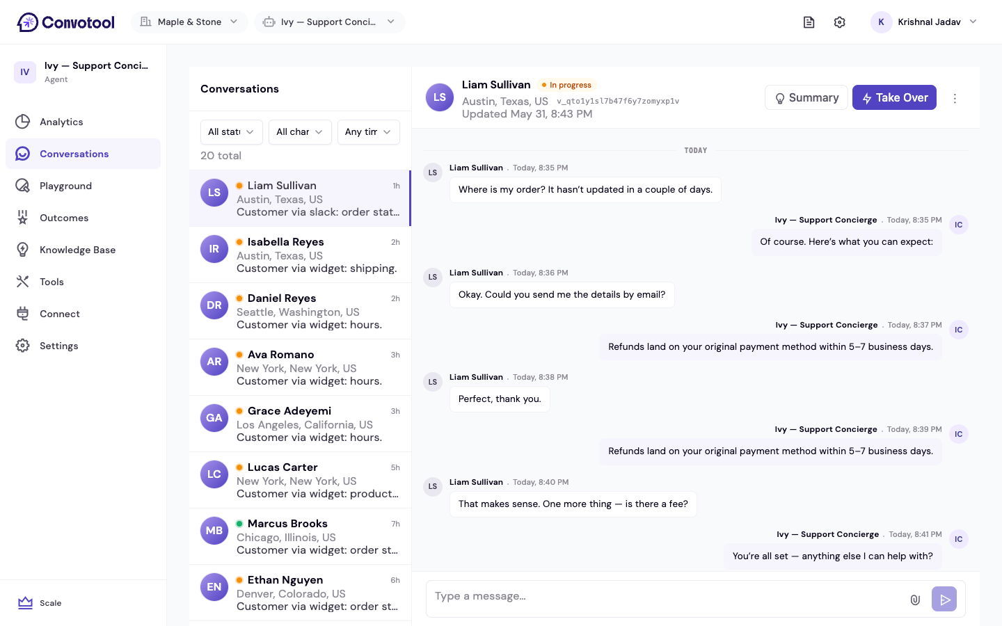 The conversation inbox with the list, filters, and a transcript