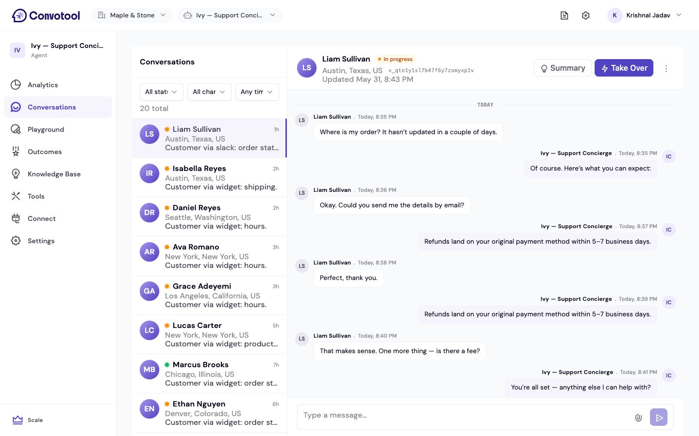 The conversation inbox with the list, filters, and a transcript