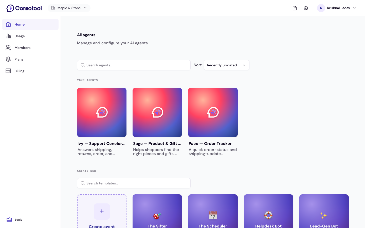 The ConvoTool home dashboard showing your agents and the template gallery