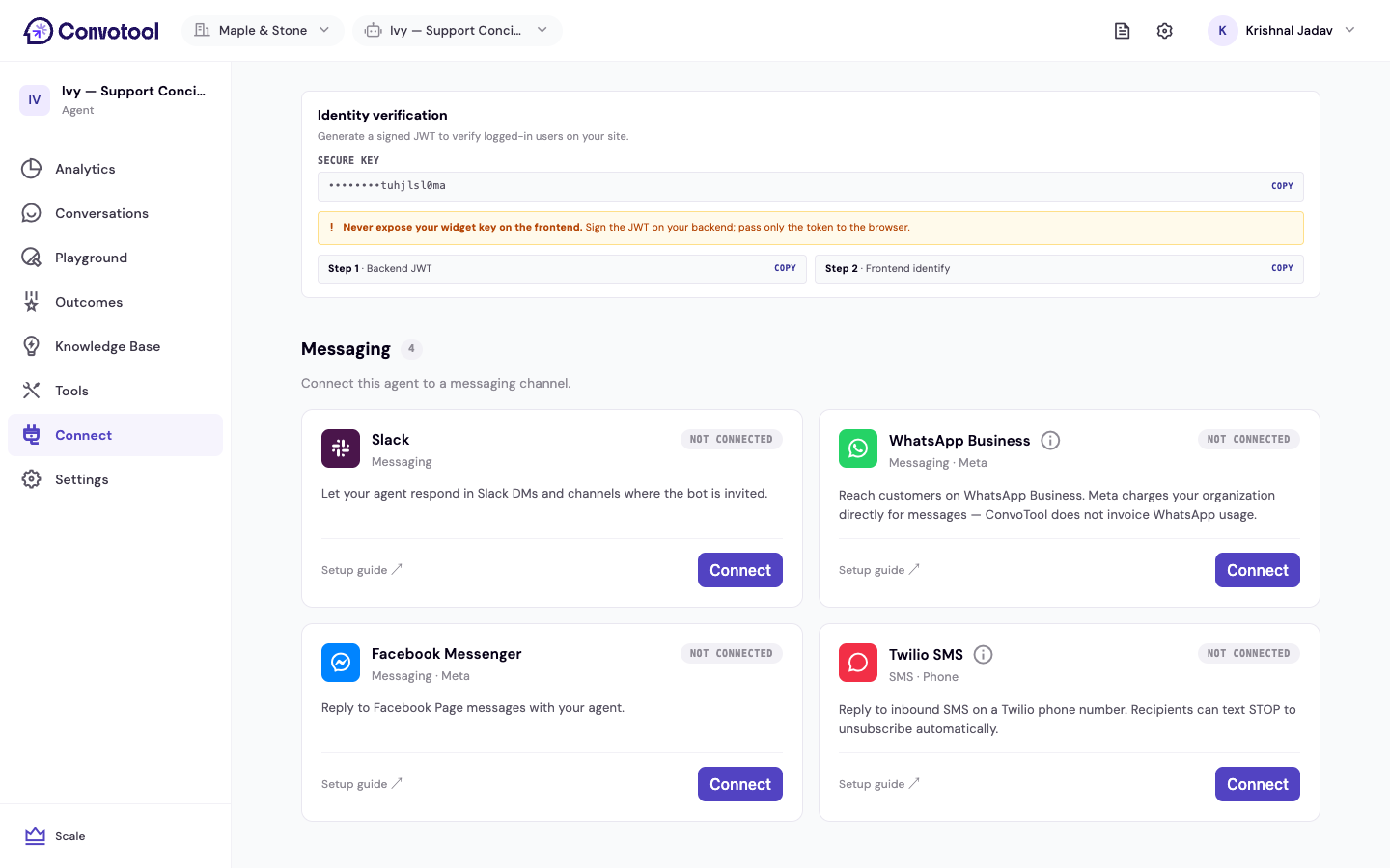 The identity verification section showing the widget key and code snippets